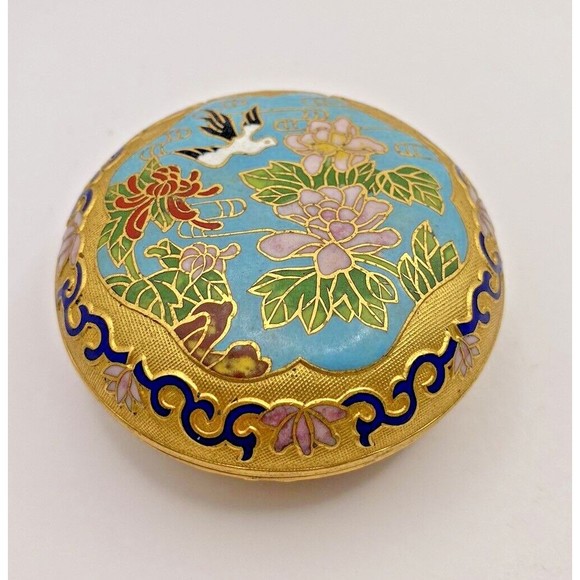 Vintage Cloisonné Gold Bird Floral Flowers Lidded Trinket Box Dish Used - Picture 9 of 12